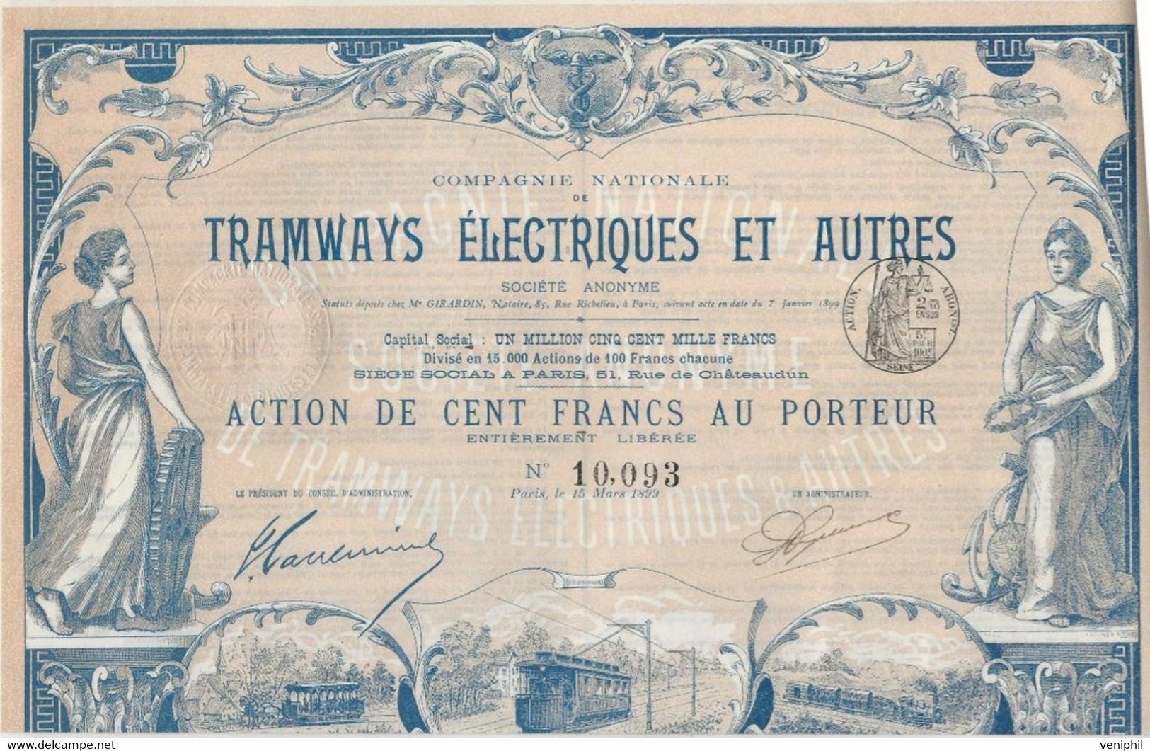 COMPAGNIE NATIONALE TRAMWAYS ELECTRIQUES ET AUTRES -TRES BELLE ACTION ILLUSTREE DE 100 FRS -ANNEE 1899 - Chemin De Fer & Tramway