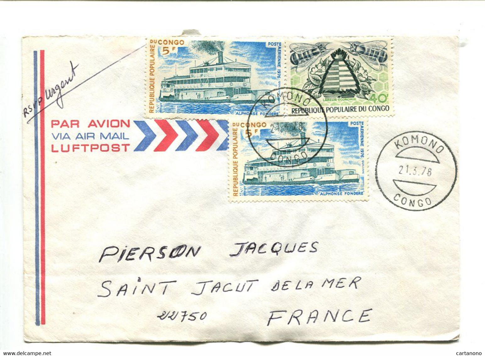 CONGO Komono 1978 - Affranchissement Sur Lettre Par Avion - Bateau / Abeilles - Altri & Non Classificati