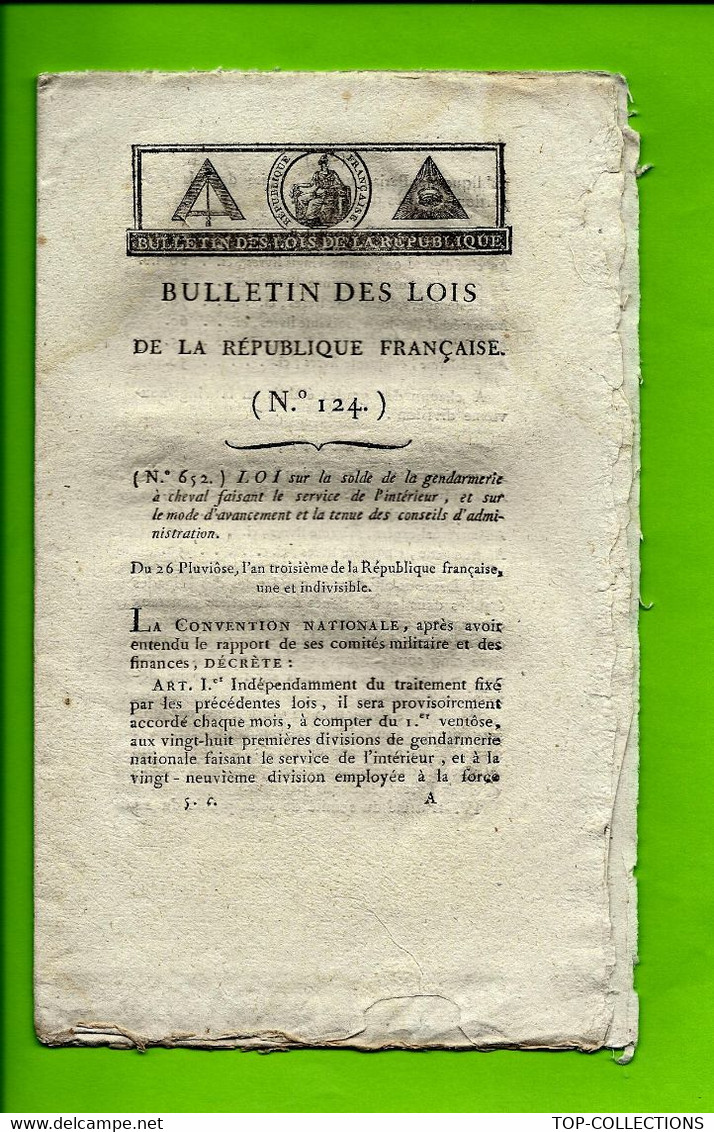 1795 LOI DE LA REPUBLIQUE  2 Sign. Imprimées Symbole Maçonnique PARIS IMPRIMERIE NATIONALE DES LOIS - Decretos & Leyes