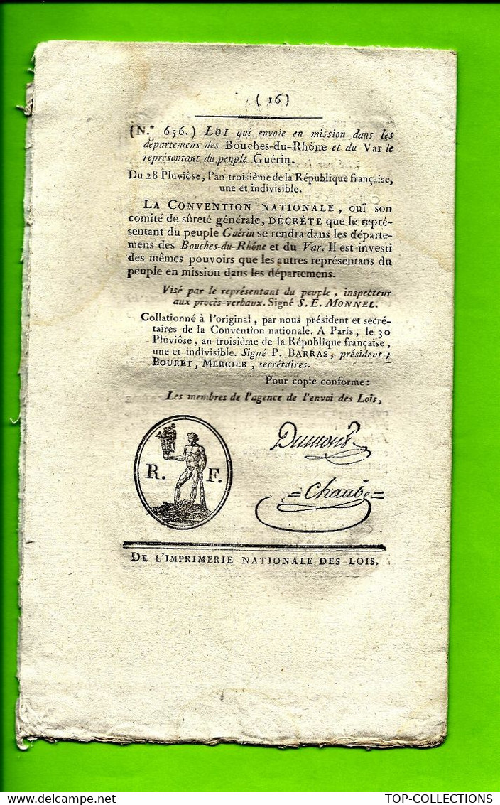 1795 LOI DE LA REPUBLIQUE  2 Sign. Imprimées Symbole Maçonnique PARIS IMPRIMERIE NATIONALE DES LOIS - Decretos & Leyes