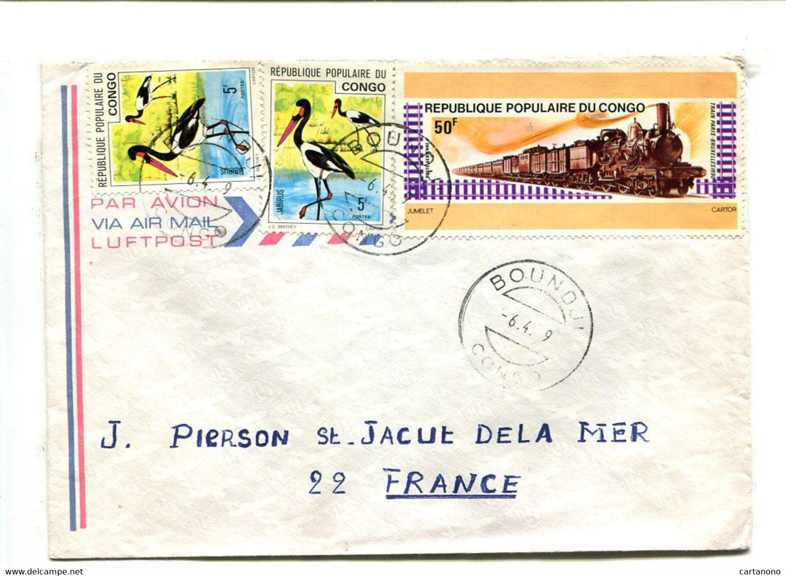 CONGO Boundji 1979 - Affranchissement Sur Lettre Par Avion - Oiseau / Chemin De Fer Train - Other & Unclassified