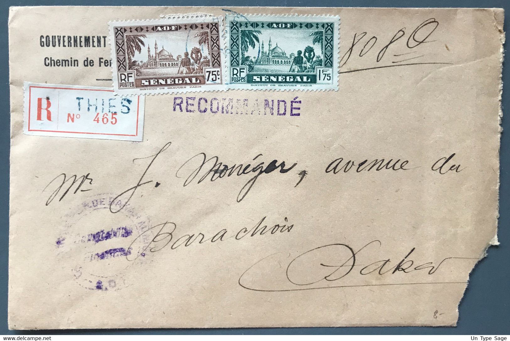 Sénégal N°127 Et 132 Sur Enveloppe (chemin De Fer) Recommandée - TAD (bleu) THIES 1939 - (A1162) - Lettres & Documents