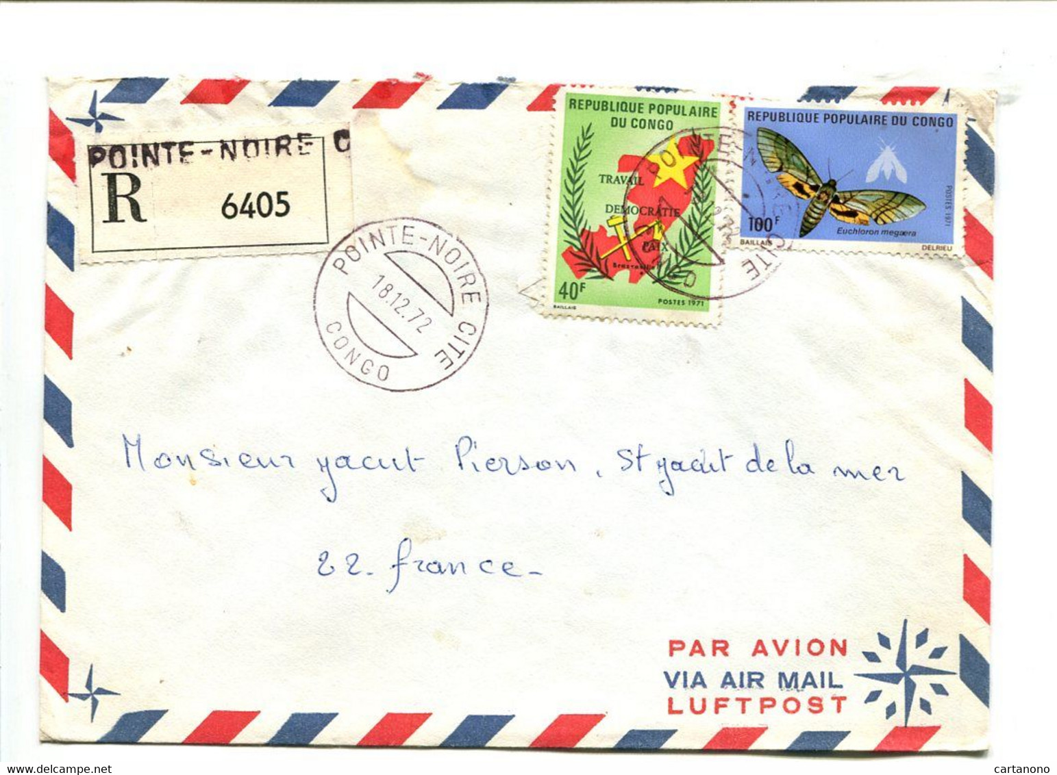 CONGO Pointe Noire Cite 1972 - Affranchissement Sur Lettre Recommandée Par Avion - Papillon - Sonstige & Ohne Zuordnung