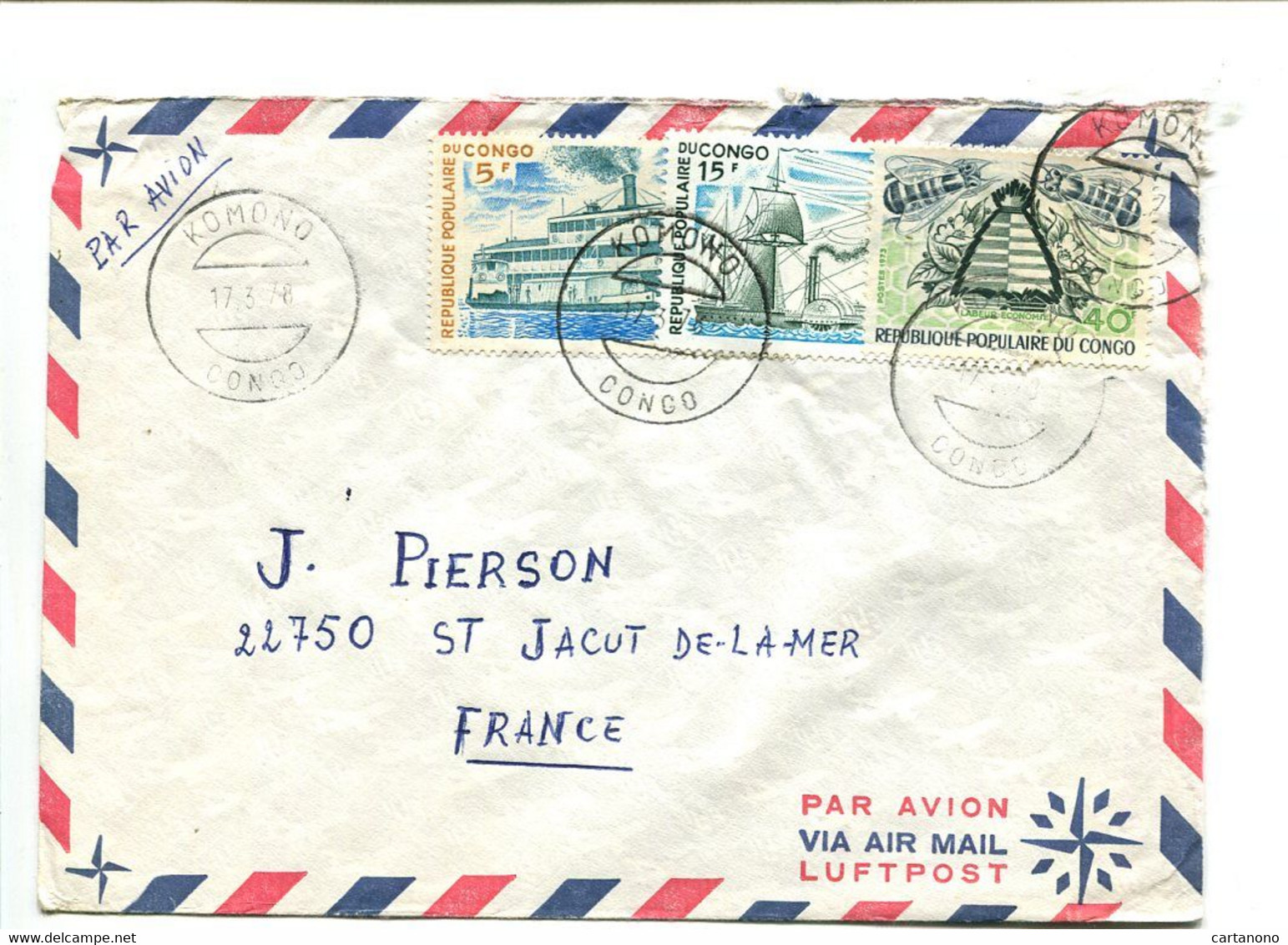 CONGO Komono 1978 - Affranchissement Sur Lettre Par Avion - Abeille / Bateau - Other & Unclassified