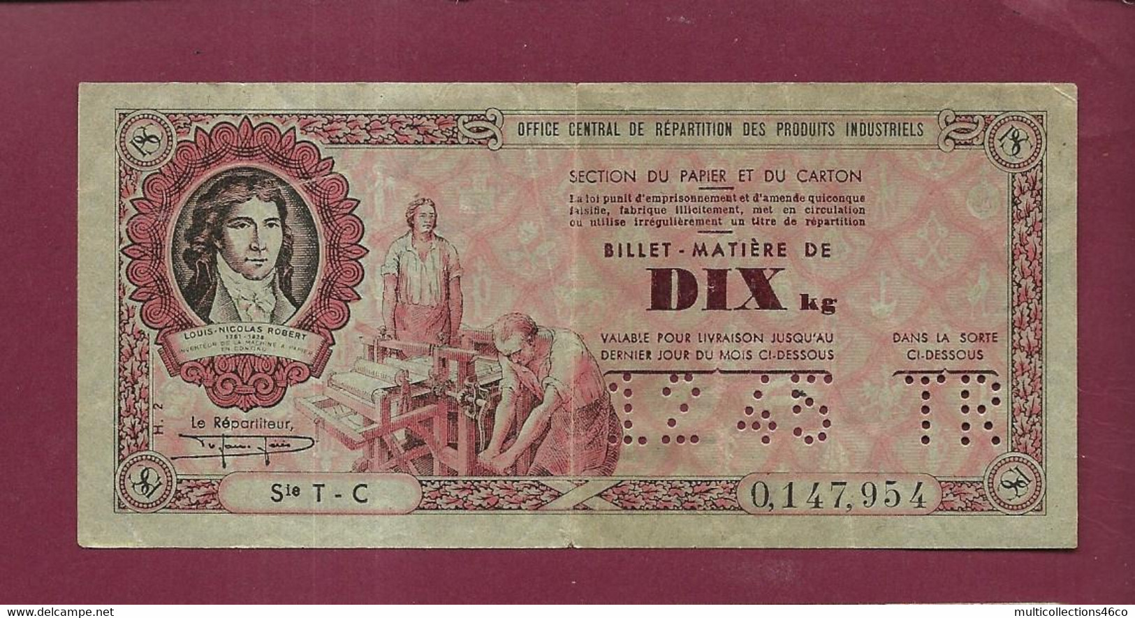 220222A - Billet Nécessité OCRPI Papier Et Carton MATIERE DE DIX Kg 12 1945 TR Sie T-C - Bonos
