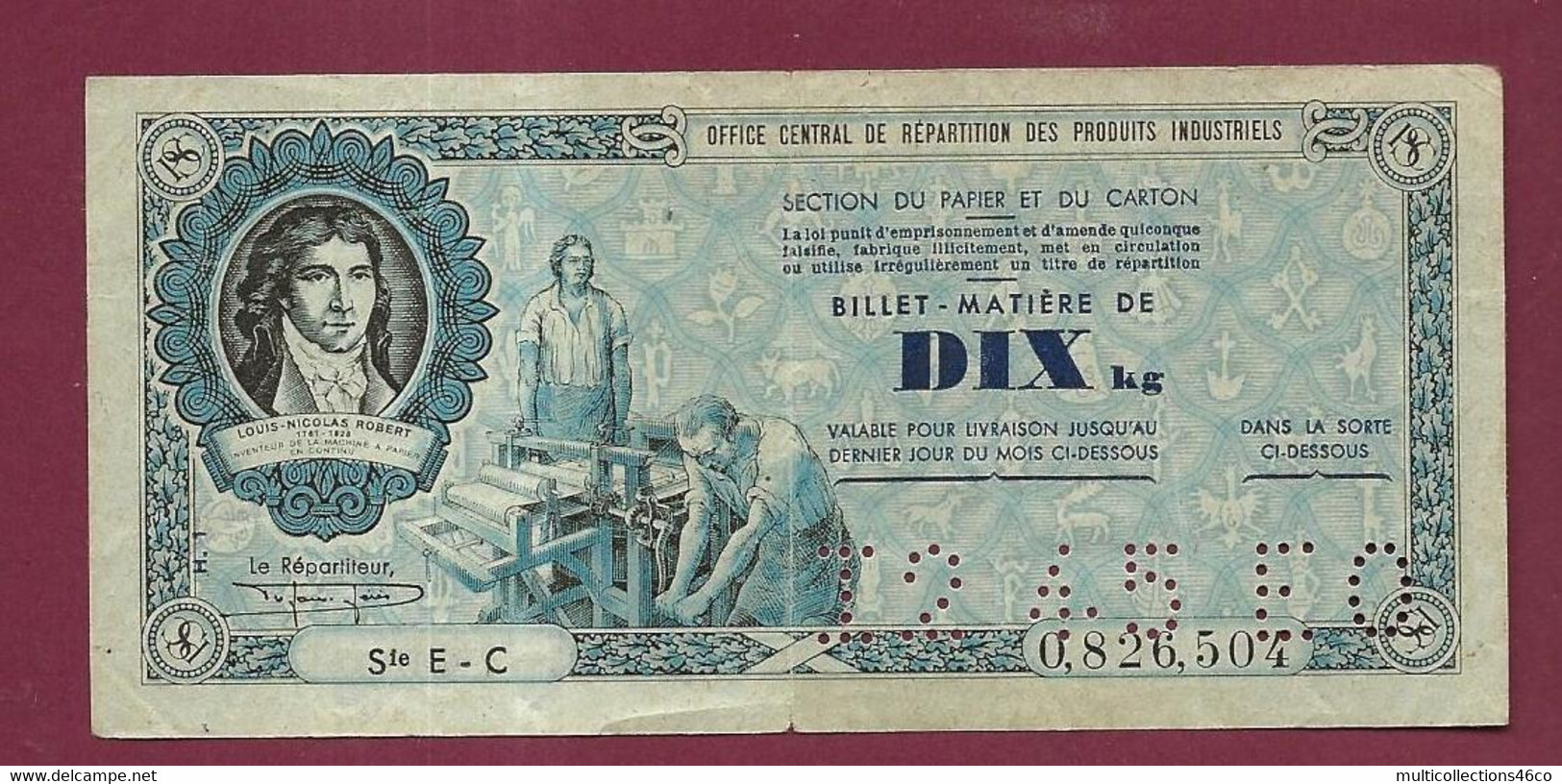 220222A - Billet Nécessité OCRPI Papier Et Carton MATIERE DE DIX 10 Kg I2 1945 EO Sie E - C - Bonos