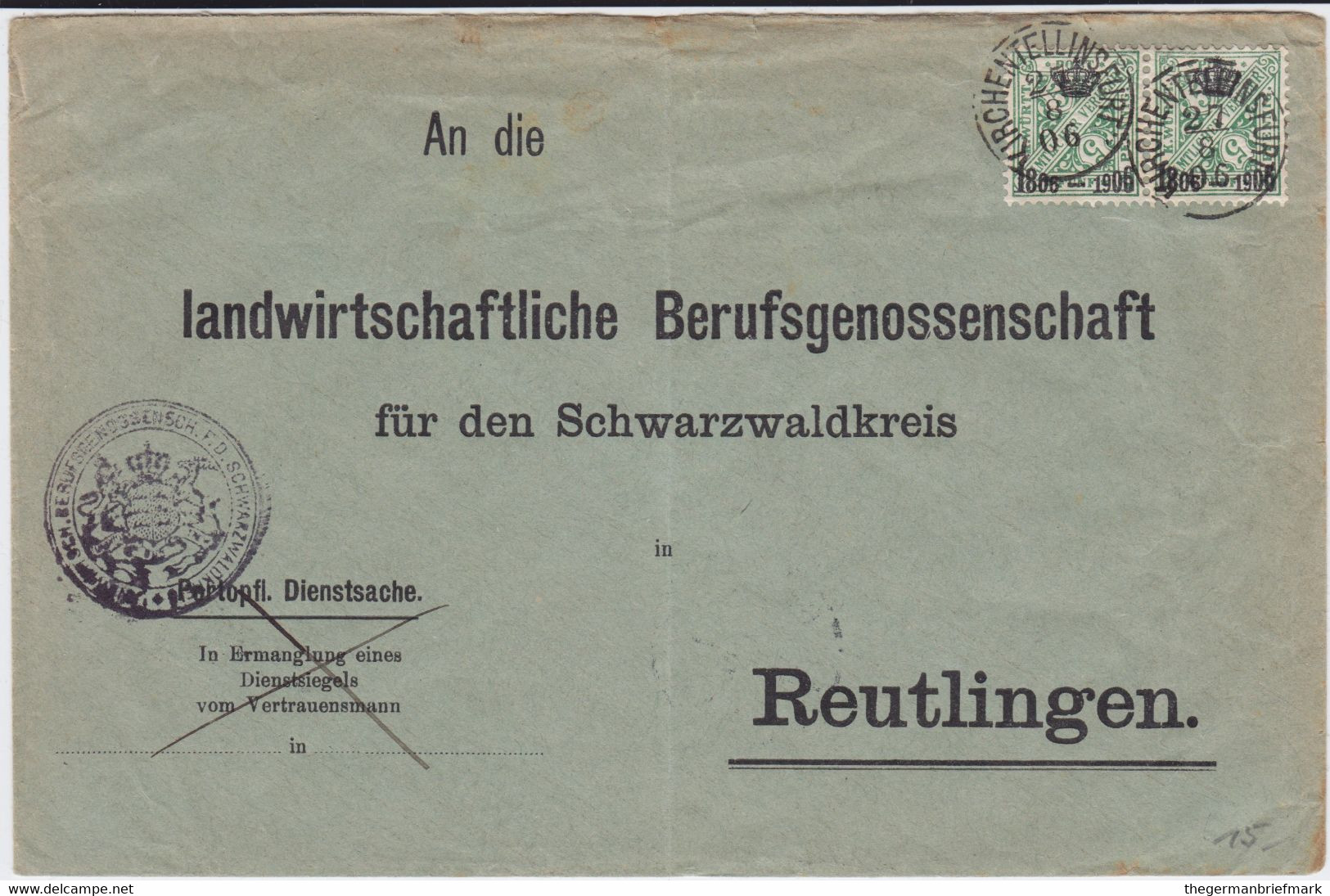 Württemberg Dienst Mi 219 (2) MeF Bf Kirchentellinsfurt 1906 - Sonstige & Ohne Zuordnung