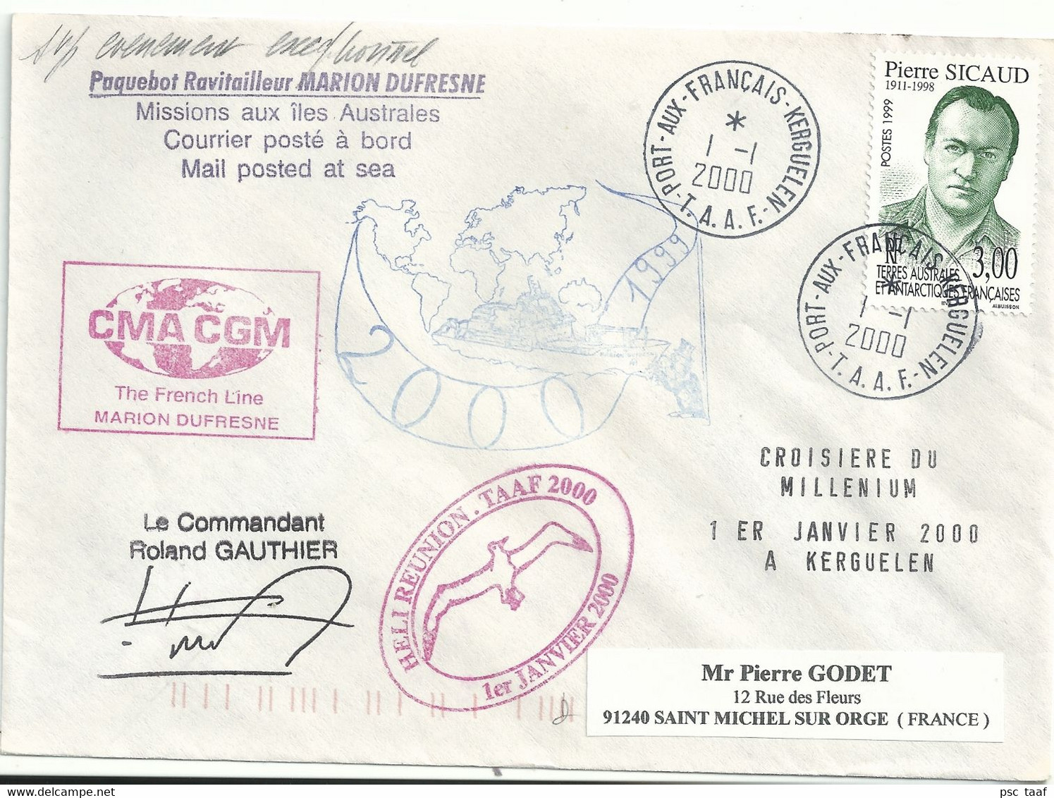 YT 238 - Pierre Sicaud - Gouverneur De La France D'Outre-mer - Lettre Postée à Bord Du MD - Kerguelen - 01/01/2000 - Storia Postale