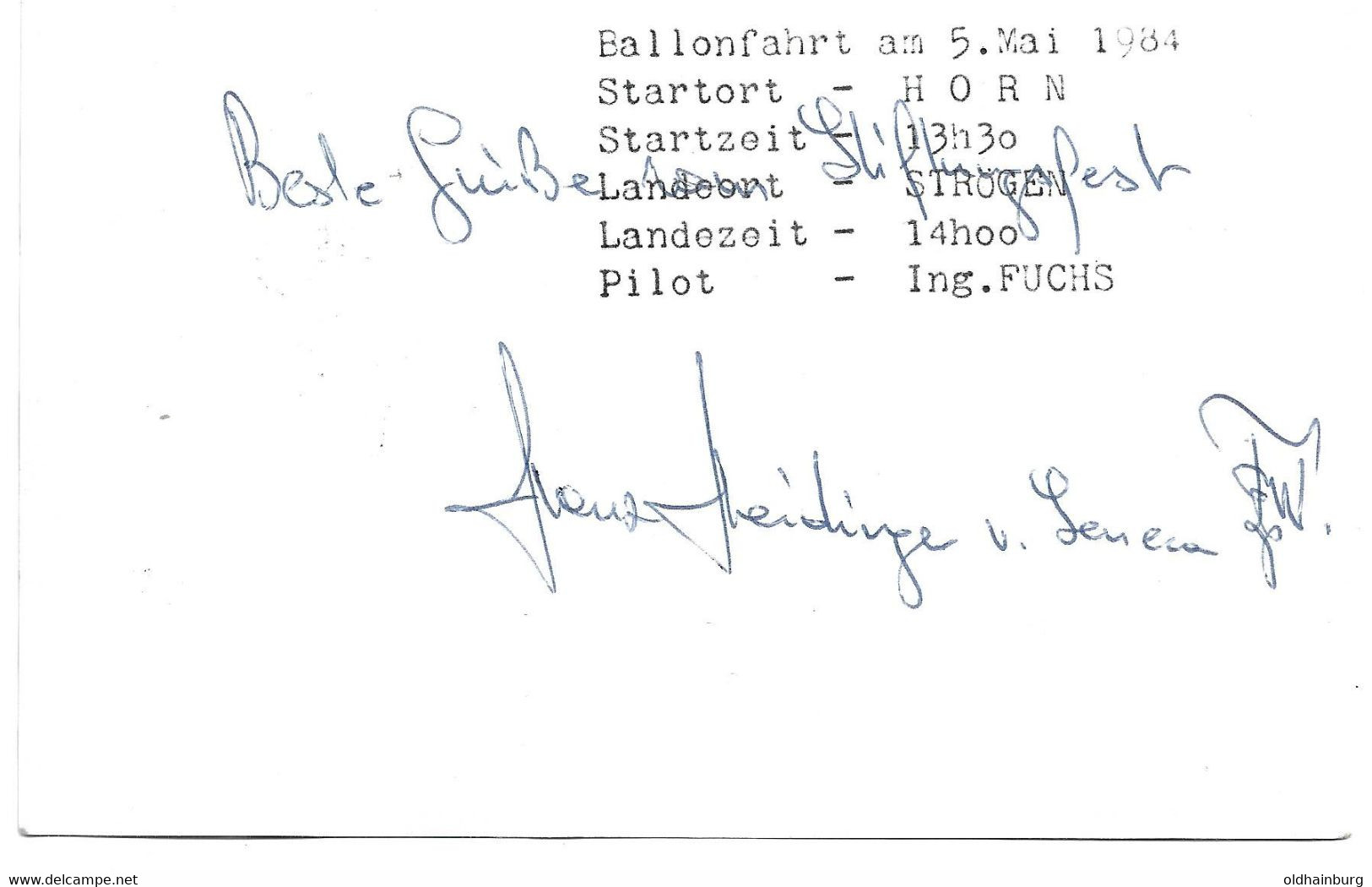 2042t: Heißluftballon Horn, Horner Sparkasse, Sonderbeleg 1984 Mit Protokoll Und Unterschrift, Selten ! - Horn