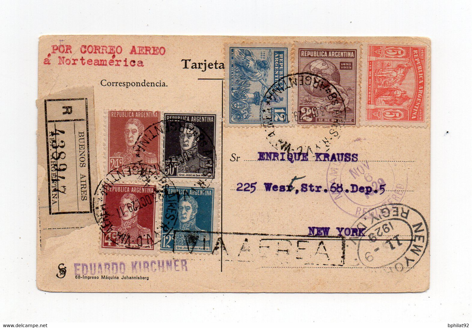 !!! PRIX FIXE : ARGENTINE, CPA DE BUENOS AIRES DU 23/10/1929 RECOMMANDEE PAR AVION POUR NEW-YORK - Airmail