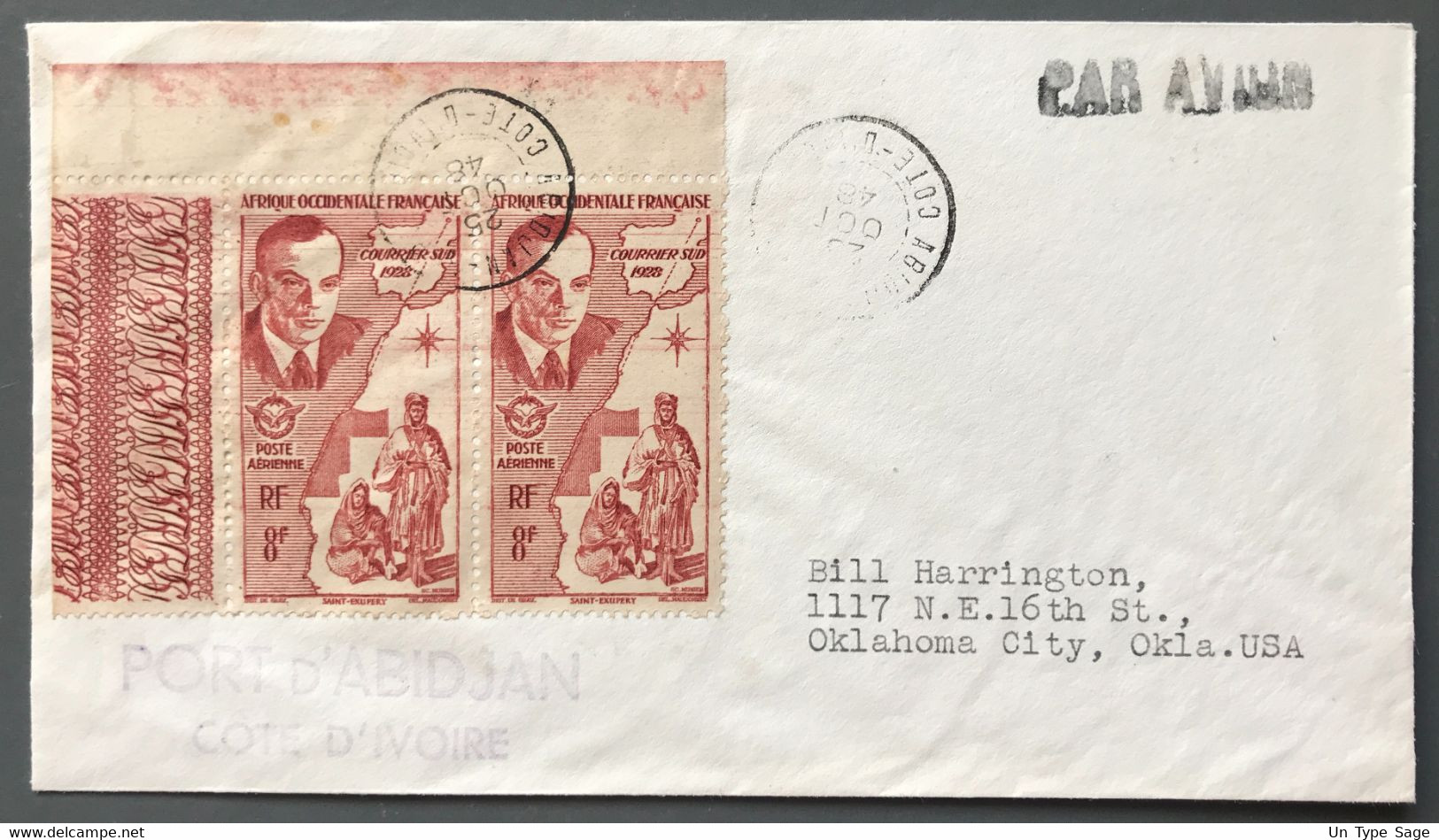 AOF PA N°11 (paire Bord De Feuille) TAD ABIDJAN Côte D'Ivoire 20.10.1948 Pour Oklahoma City, USA - (A1205) - Lettres & Documents