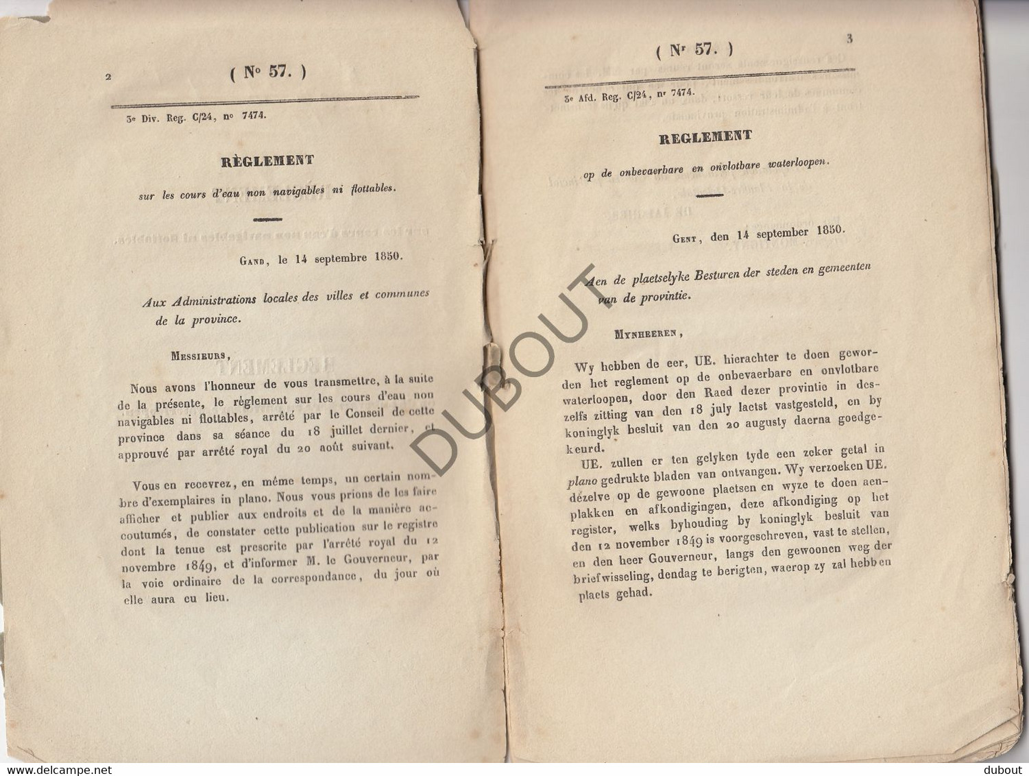 1850 Reglement Op De Onbevaerbare En Onvlotbare Waterloopen   (V882) - Antique