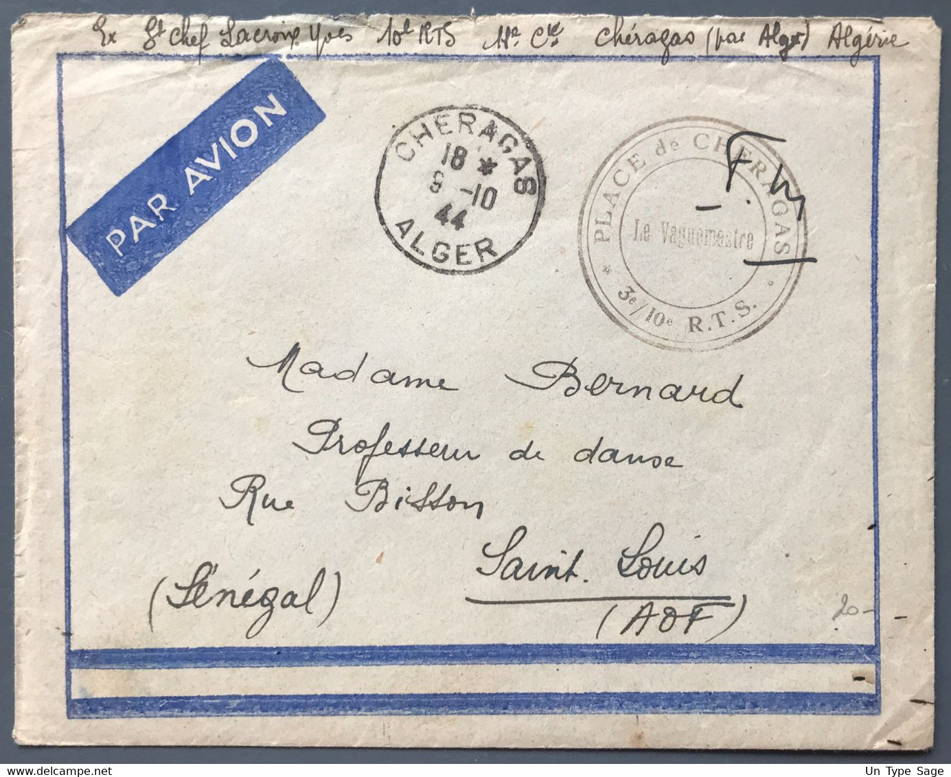 Algérie, TAD CHERGAS, Alger 9.10.1944 Sur Enveloppe + Cachet Place De Chergas *3e/10e R.T.S - (A1255) - Covers & Documents