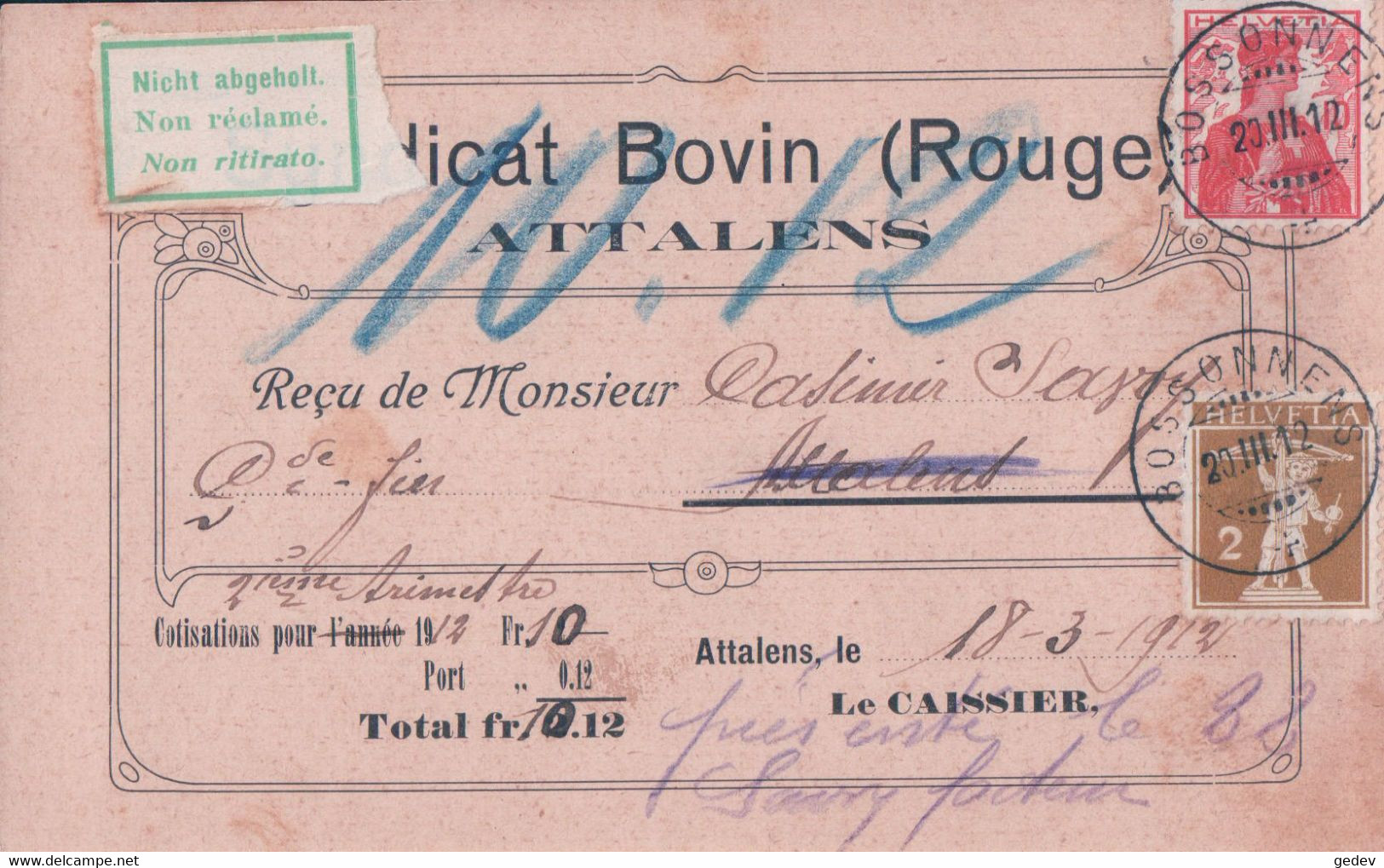 Attalens FR, Syndicat Bovin Rouge, Carte Postale Cachet Bossonnens 20.3.12 Non Réclamé (130) - Attalens