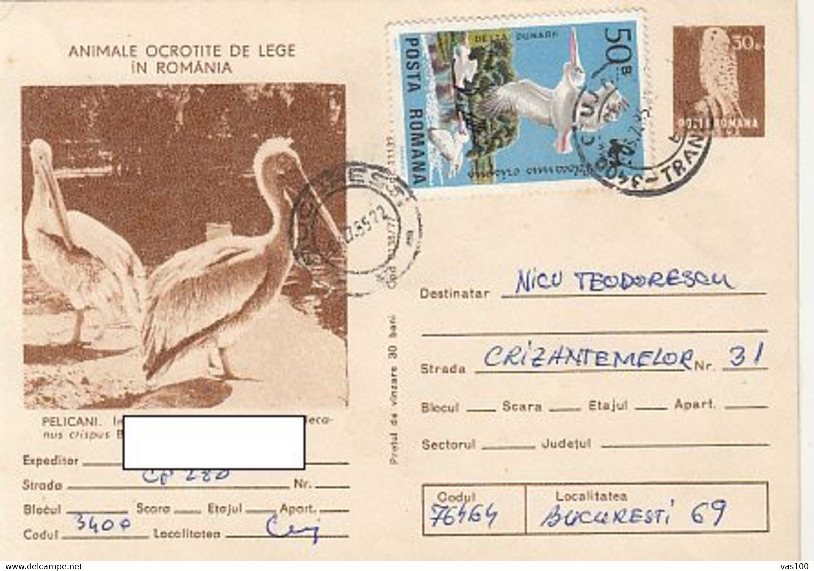 W1312- KESTREL, PELICANS, BIRDS, ANIMALS, POSTCARD STATIONERY, 1985, ROMANIA - Pélicans