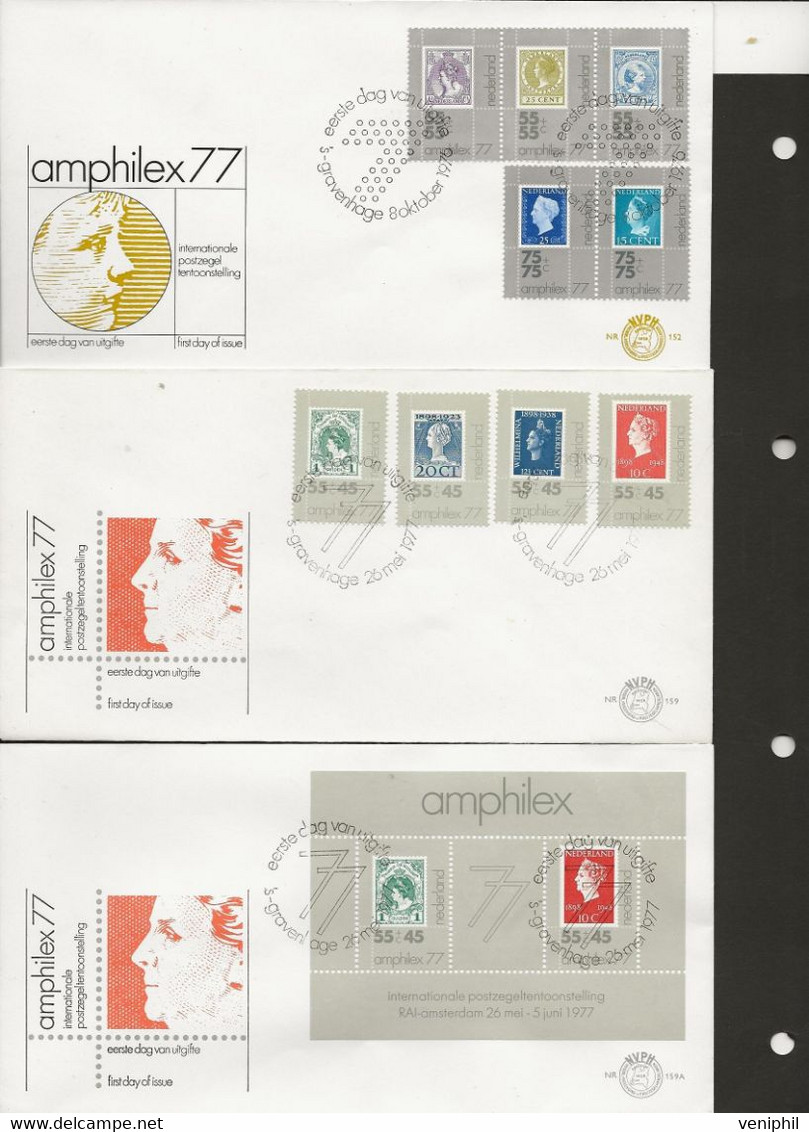 PAYS BAS - AMPHILEX - 3 FDC AFFRANCHIES N°1054-58 + N° 1072-75 + BLOC N° 12 - ANNEE 1976-77 - FDC