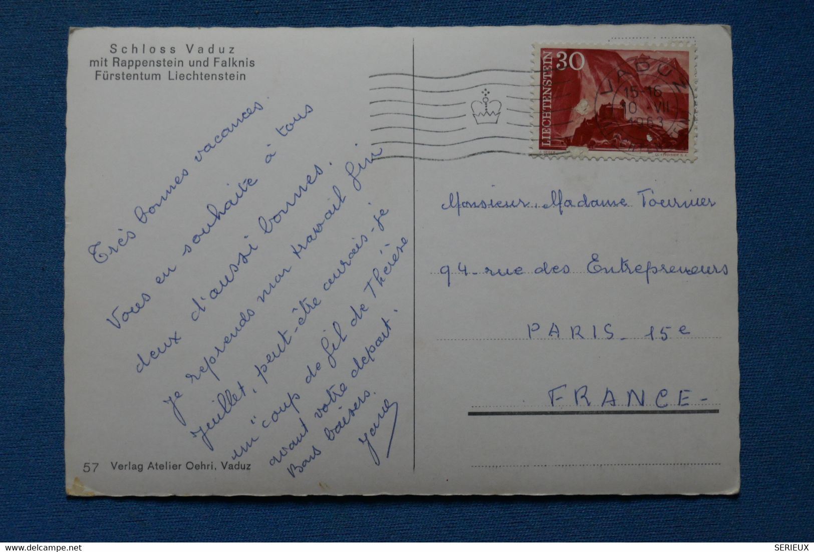 AS 1  LIECHTENSTEIN    BELLE  CARTE     1963  POUR PARIS FRANCE +AFFRANCH. INTERESSANT - Covers & Documents