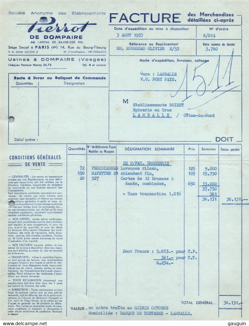 Facture - PARIS / Usine à DOMPAIRE (Vosges) - Fabrique De BROSSERIE "Pierrot De Dompaire" ...1953 - Droguerie & Parfumerie