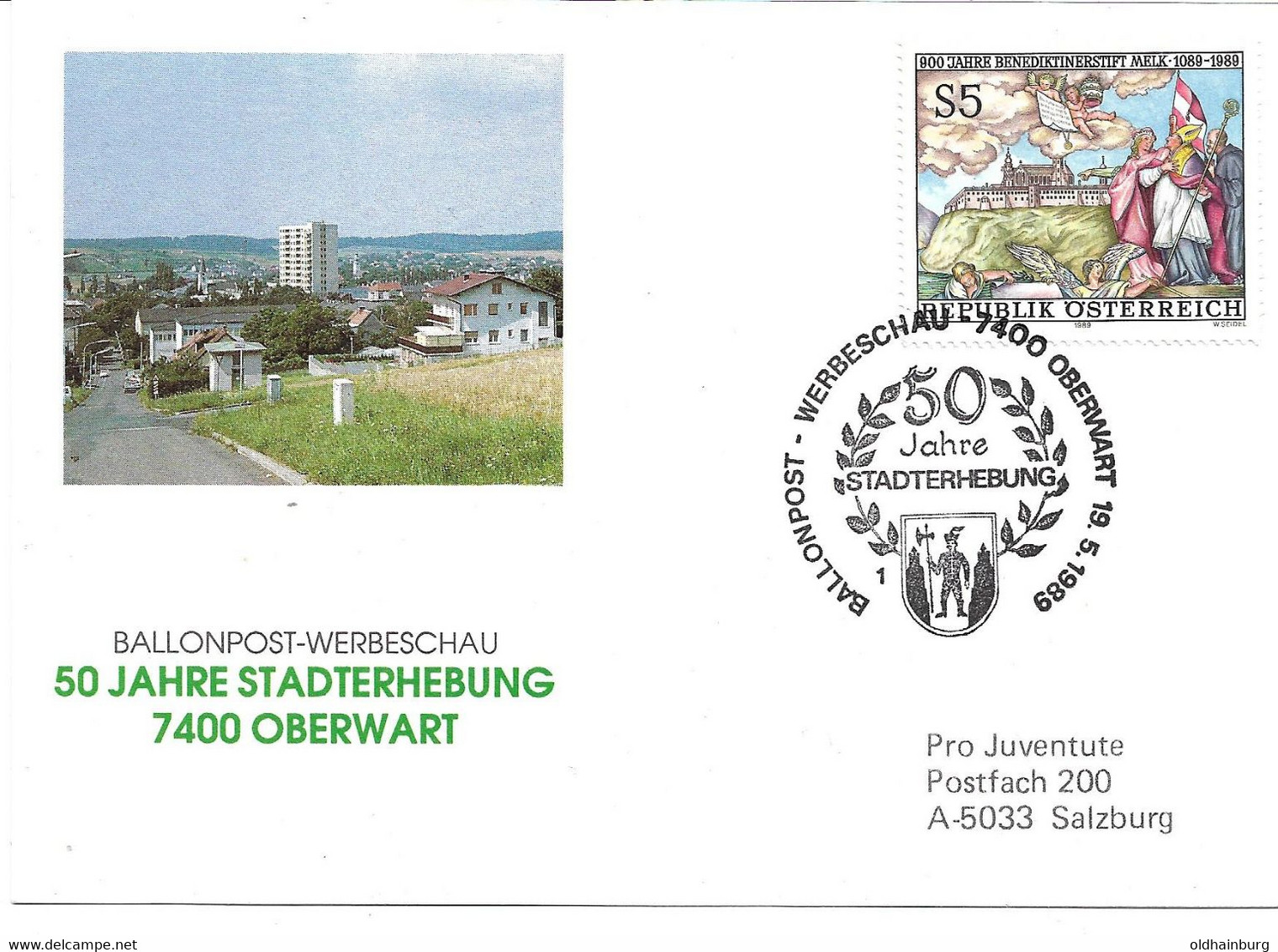 2042y: Spendenbeleg Ballonpost Werbeschau 1989 Stadterhebung 7400 Oberwart - Oberwart