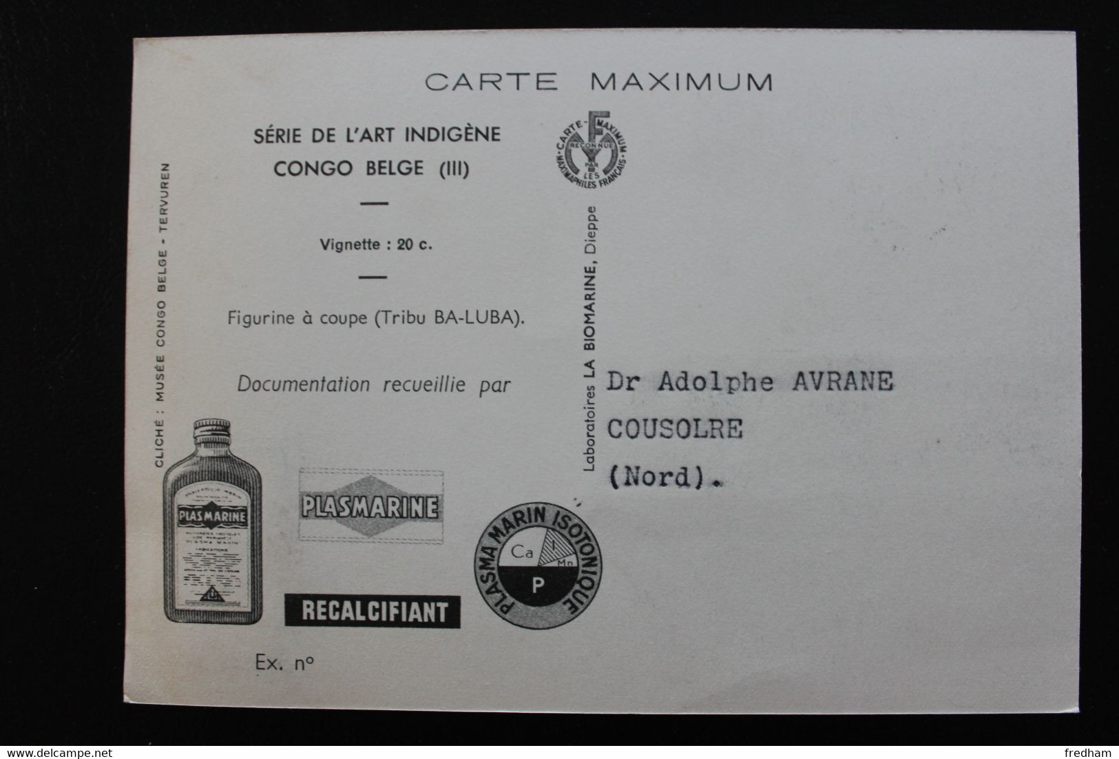 1952 CONGO BELGE CAD LEOPOLDVILLE SERIE DE L'ART INDIGENE "PLASMARINE " Pour COUSOLRE (FRANCE) Y&T BE-CD 279 - 1951-1960