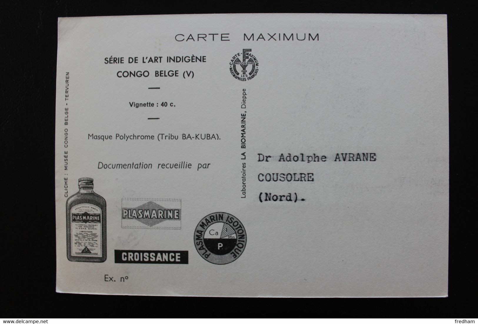 1952 CONGO BELGE CAD LEOPOLDVILLE SERIE DE L'ART INDIGENE "PLASMARINE " Pour COUSOLRE (FRANCE) Y&T BE-CD 281 - 1951-1960