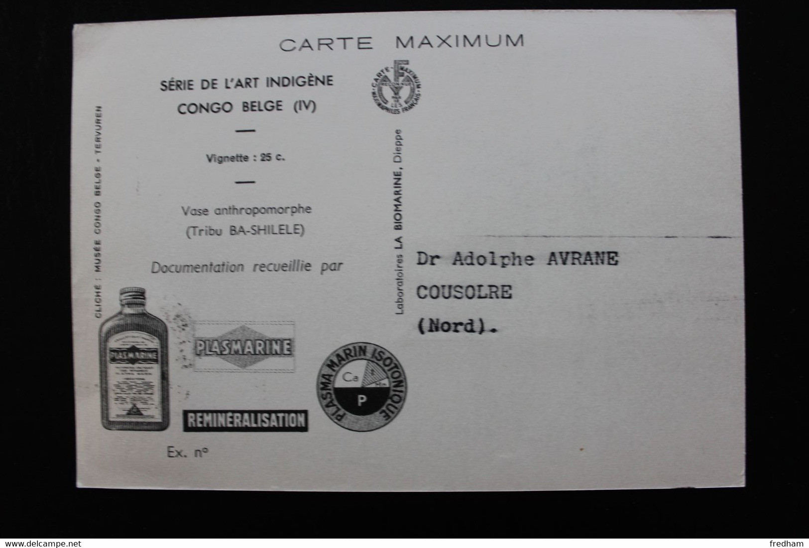 1952 CONGO BELGE CAD LEOPOLDVILLE SERIE DE L'ART INDIGENE "PLASMARINE " Pour COUSOLRE (FRANCE) Y&T BE-CD 282 - 1951-1960