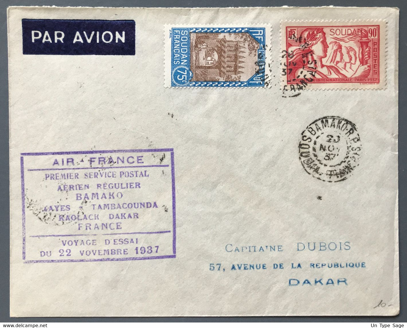 Soudan - Premier Service Postal Regulier Bamako-France - VOYAGE D'ESSAI 22.11.1937 - (A1360) - Lettres & Documents
