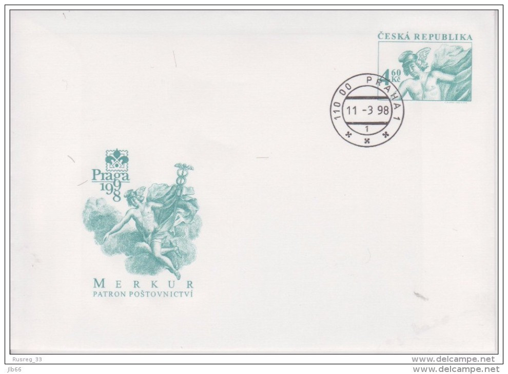 1998 COB 3 Oblitéré - Praga 1998 Mercure 4.60 CZK Vert  Patron Du Service Postal / Merkur - Omslagen