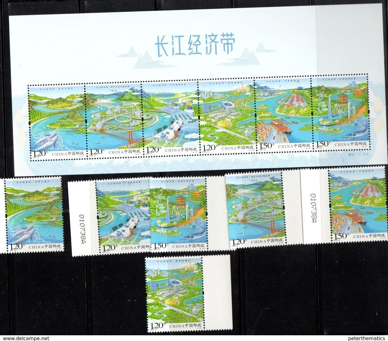 CHINA, 2018, MNH, YANTZE ECONOMIC ZONE, SHIPS, PLANES, TRAINS, BRIDGES, TEMPLES, MOUNTAINS, FISH, DOLPHINS, 6v+SHEETLET - Delfine