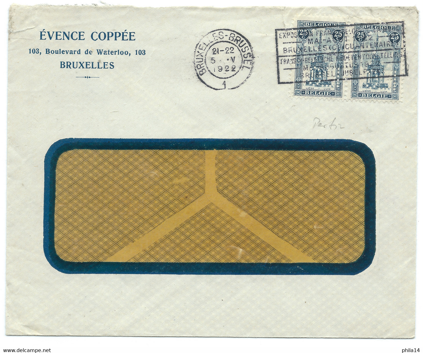 ENVELOPPE BELGIQUE AVEC PERFORES / EVENCE COPPEE BRUXELLES 1922 - 1909-34