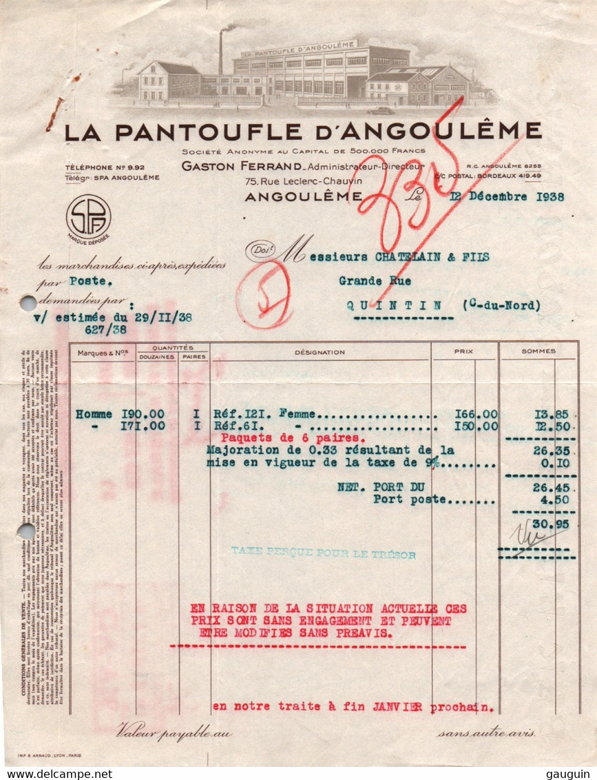 Facture - ANGOULÊME - Fabrique De Pantoufles ... - 1938 - Autres & Non Classés