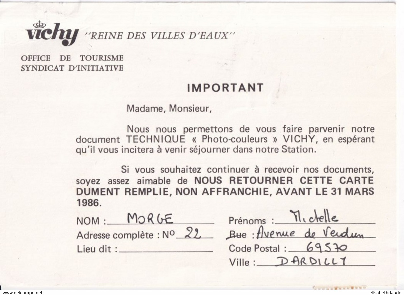 1986 - TAXE INSECTES Sur CARTE REPONSE "T" AUTORISATION PERIMEE ! De LYON MECA SALON DE L'AUTO => VICHY - 1960-.... Storia Postale