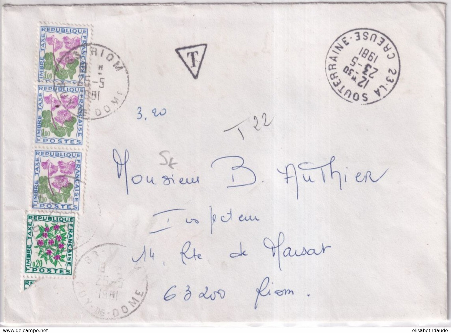 1981 - TAXE FLEURS Sur ENVELOPPE De LA SOUTERRAINE (CREUSE) => RIOM - 1960-.... Lettres & Documents