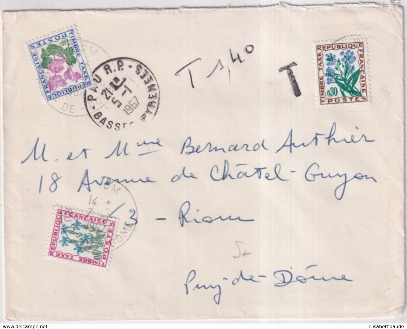 1967 - TAXE FLEURS Sur ENVELOPPE De PAU (BASSES PYRENEES) => RIOM - 1960-.... Cartas & Documentos