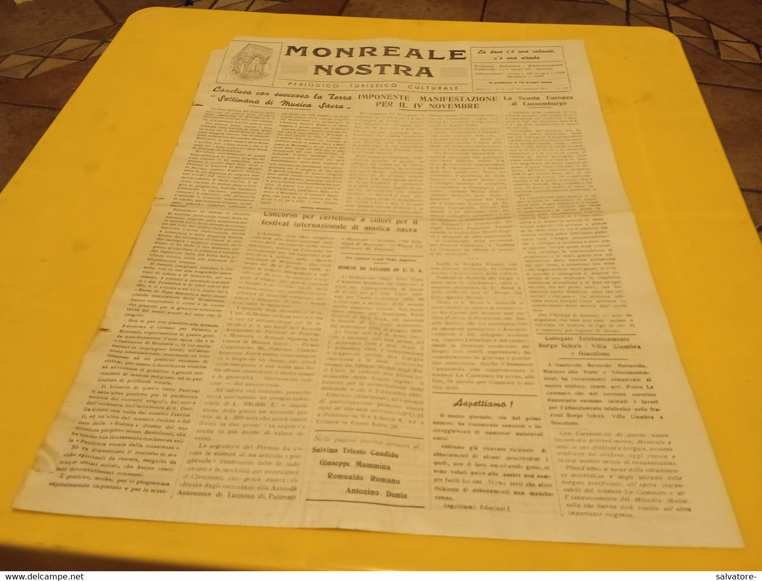 MONREALE NOSTRA- PERIODICO TURISTICO CULTURALE ANNO 1 NUMERO 4 - NOVEMBRE 1957 - First Editions