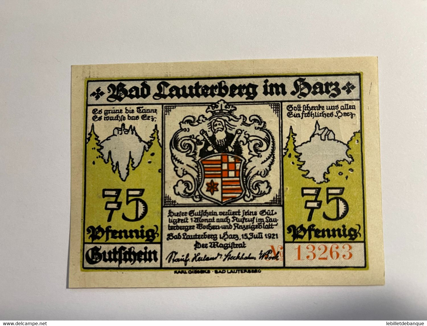 Allemagne Notgeld Lauterberg 75  Pfennig - Collections