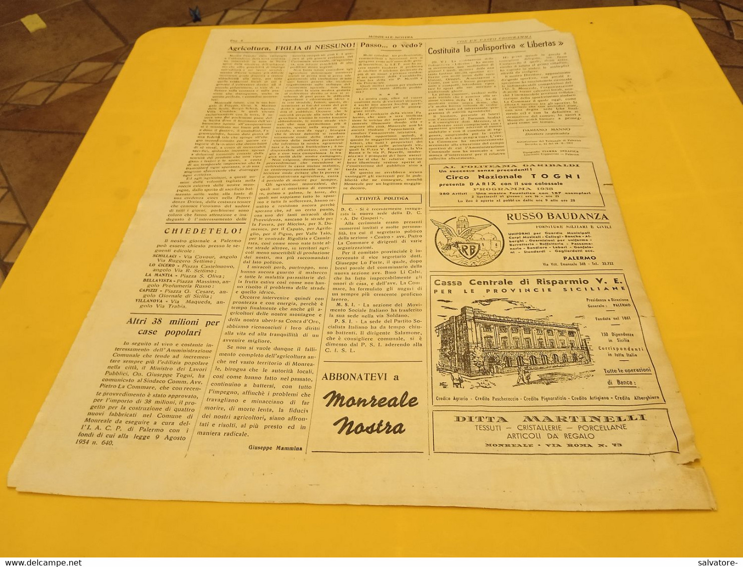 MONREALE NOSTRA- PERIODICO TURISTICO CULTURALE ANNO 1 NUMERO 5- 15 DICEMBRE 1957 - Premières éditions