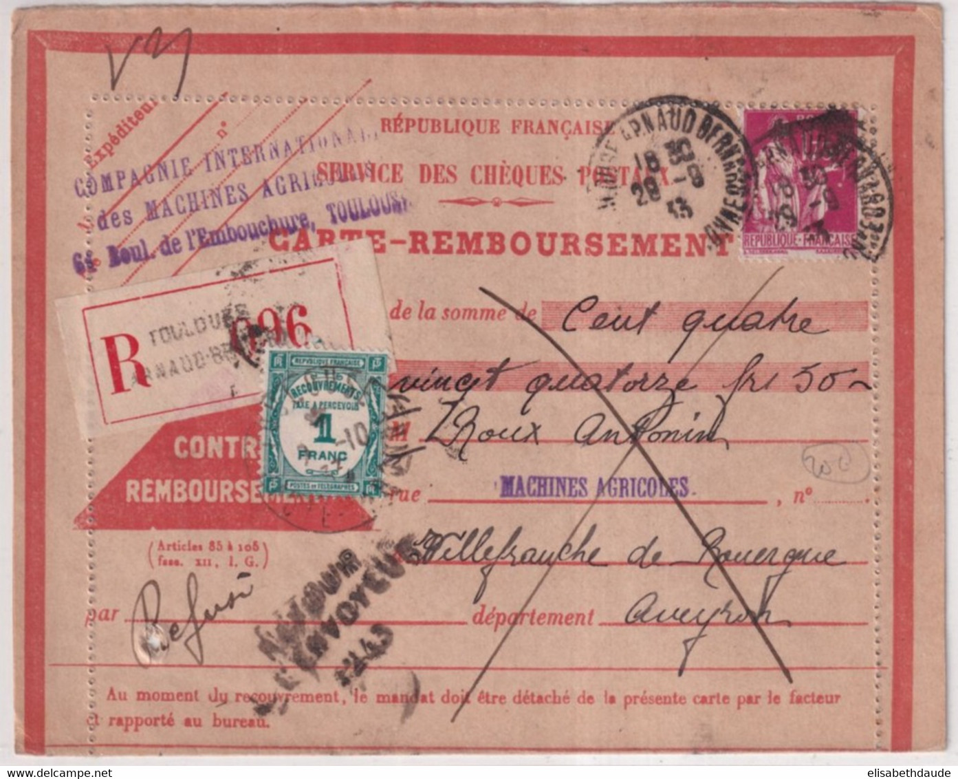 1933 - PAIX PERFORE (PERFIN) ! + TAXE ! Sur CARTE-LETTRE RECO REMBOURSEMENT De TOULOUSE => AVEYRON "REFUSE" => RETOUR - Cartas & Documentos