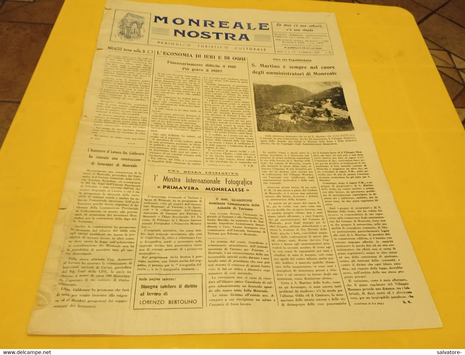 MONREALE NOSTRA- PERIODICO TURISTICO CULTURALE ANNO 3 NUMERO 1-2 -FEBBRAIO 1959 1958 - Premières éditions