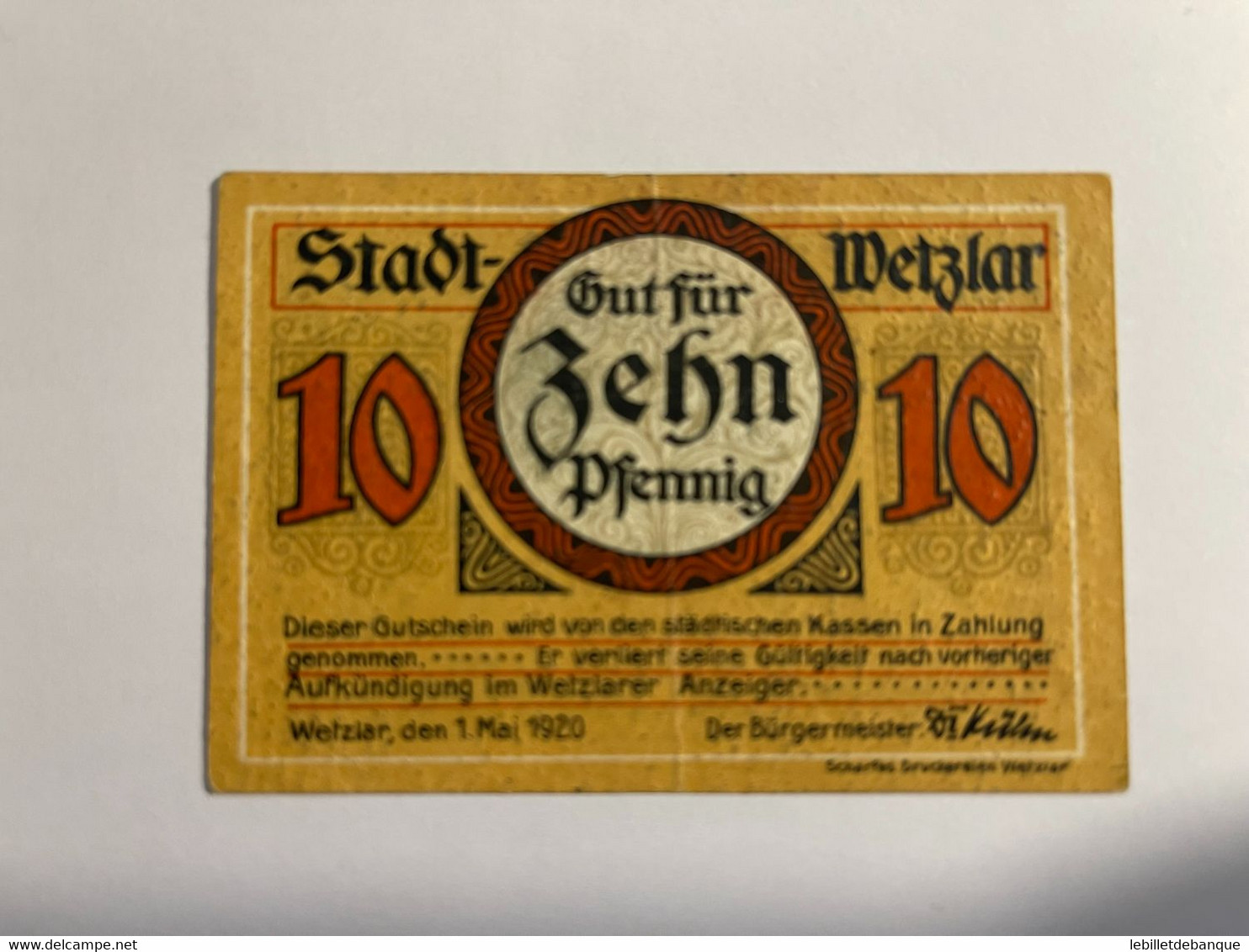 Allemagne Notgeld Wetzlar 10  Pfennig - Collections