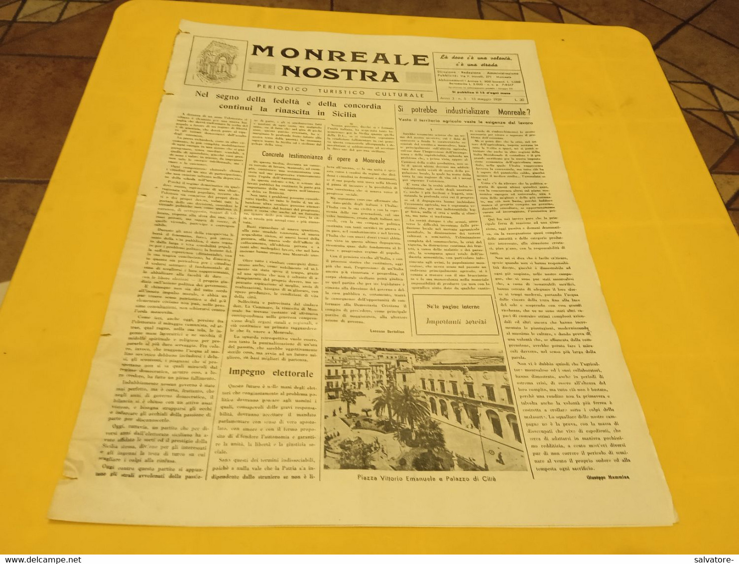 MONREALE NOSTRA- PERIODICO TURISTICO CULTURALE ANNO 3 NUMERO 5- 15 MAGGIO 1959 - Premières éditions