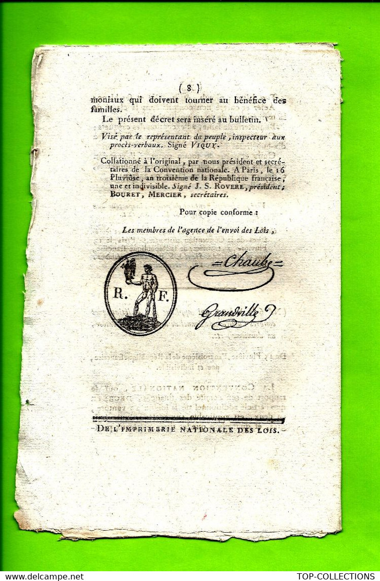 1795 LOI DE LA REPUBLIQUE FRANCAISE AN III 8 PAGES 2 Sign. Imprimées PARIS IMPRIMERIE NATIONALE Des LOIS - Decreti & Leggi