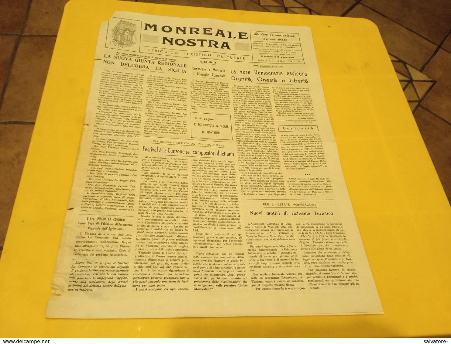 MONREALE NOSTRA- PERIODICO TURISTICO CULTURALE ANNO IV- NUMERO 3- 15 MARZO1960 - Premières éditions