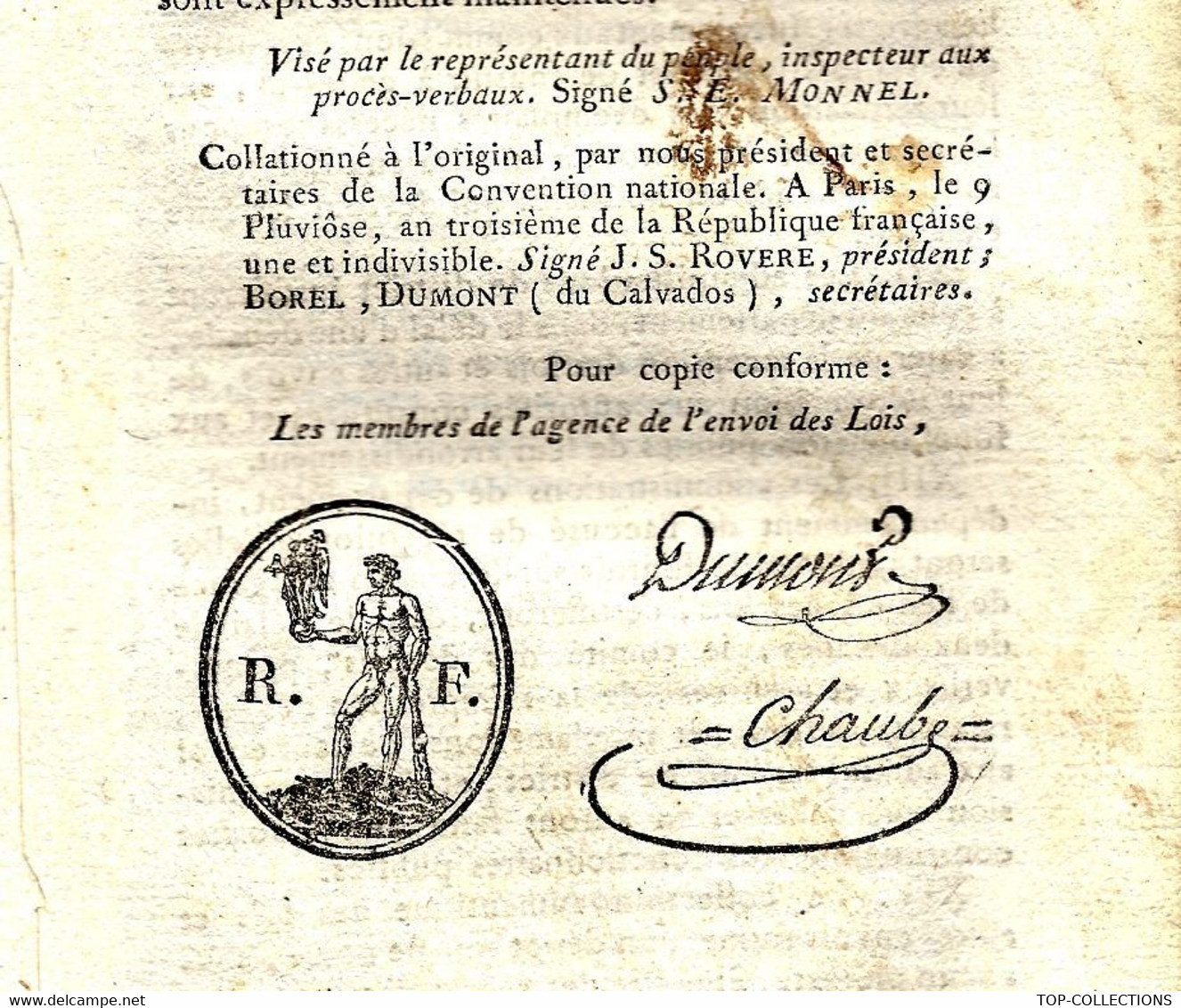 1795 LOI DE LA REPUBLIQUE FRANCAISE AN III 2 Sign. Imprimées Symbole Maçonnique PARIS IMPRIMERIE NATIONALE Des LOIS - Decreti & Leggi