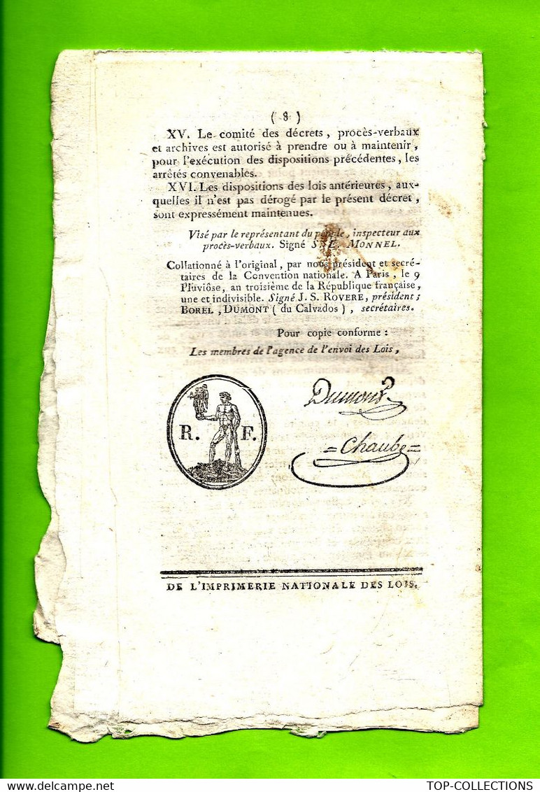 1795 LOI DE LA REPUBLIQUE FRANCAISE AN III 2 Sign. Imprimées Symbole Maçonnique PARIS IMPRIMERIE NATIONALE Des LOIS - Decreti & Leggi