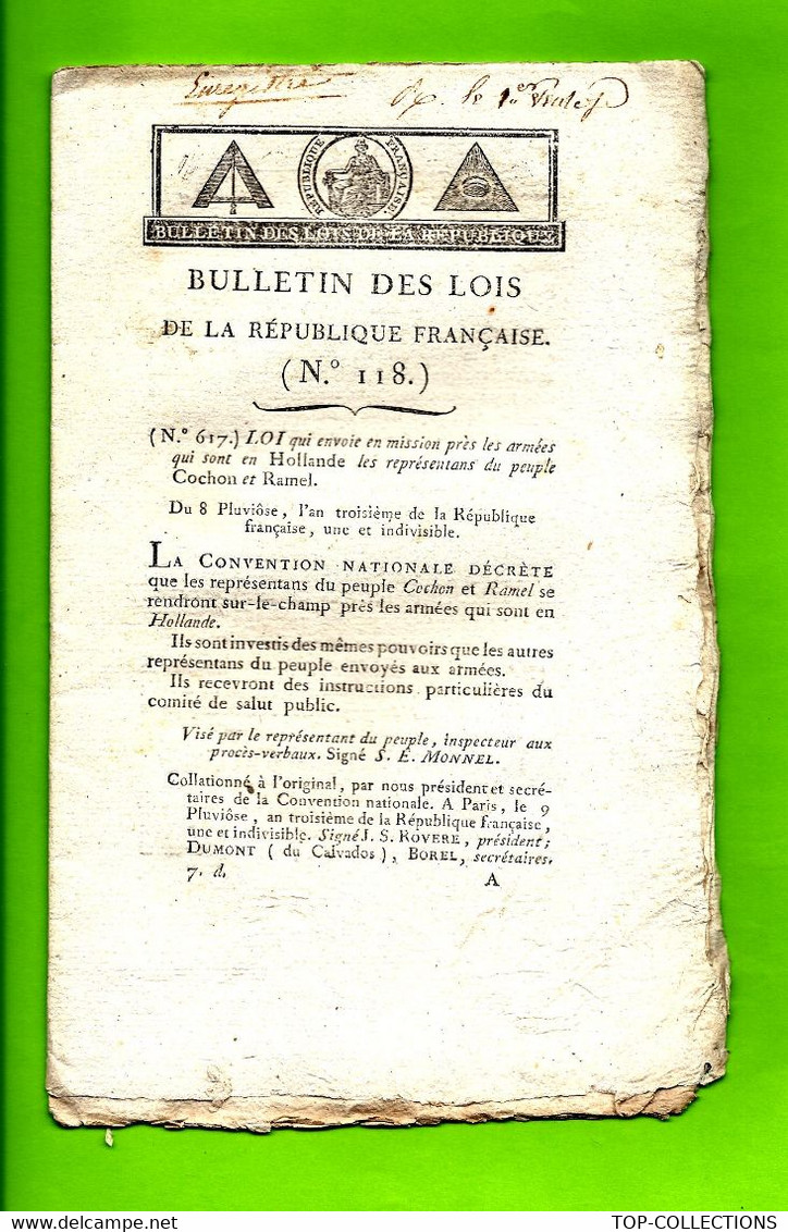 1795  LOI DE LA REPUBLIQUE FRANCAISE 2 Sign. Imprimés Symbole Maçonnique  PARIS IMPRIMERIE NATIONALE Des LOIS - Decreti & Leggi