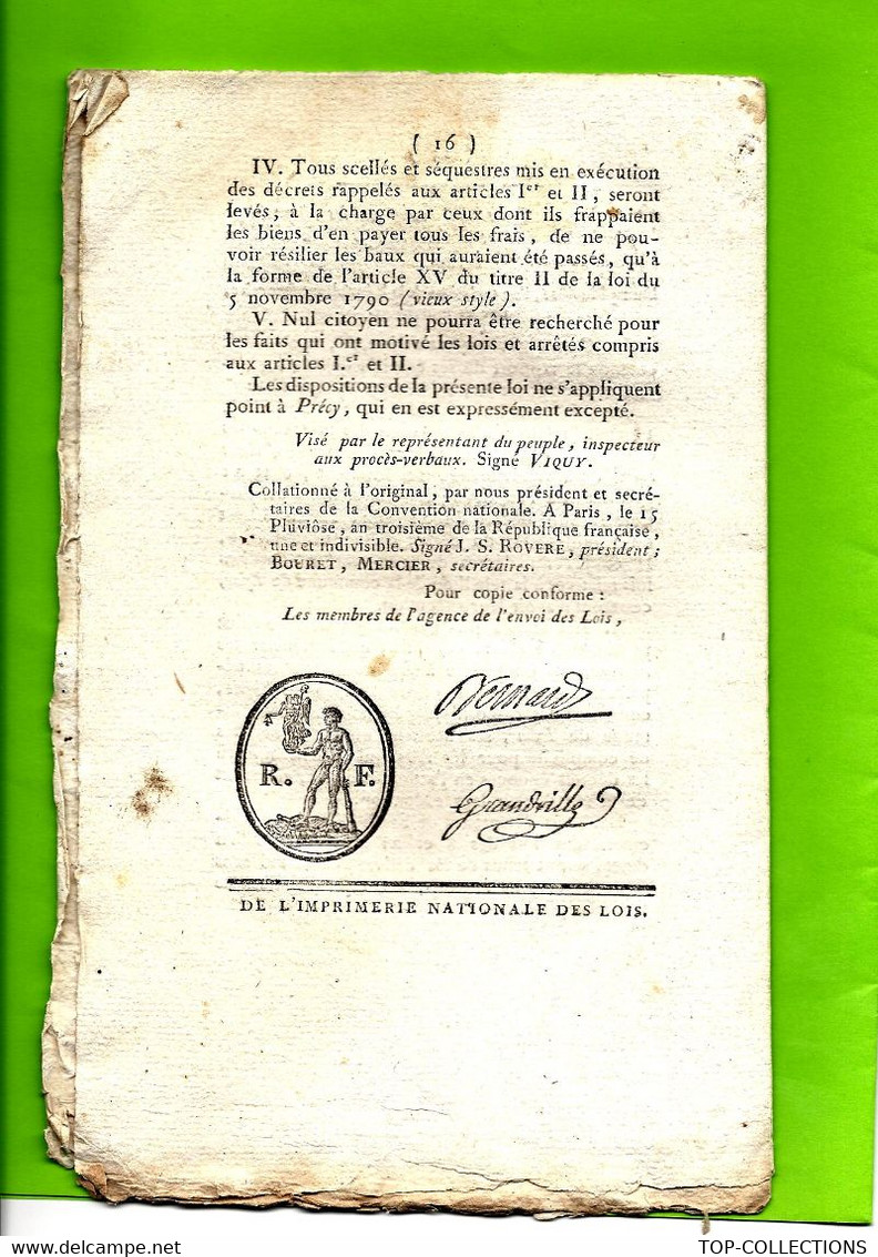 1795  LOI DE LA REPUBLIQUE FRANCAISE 2 Sign. Imprimés Symbole Maçonnique  PARIS IMPRIMERIE NATIONALE Des LOIS - Decretos & Leyes