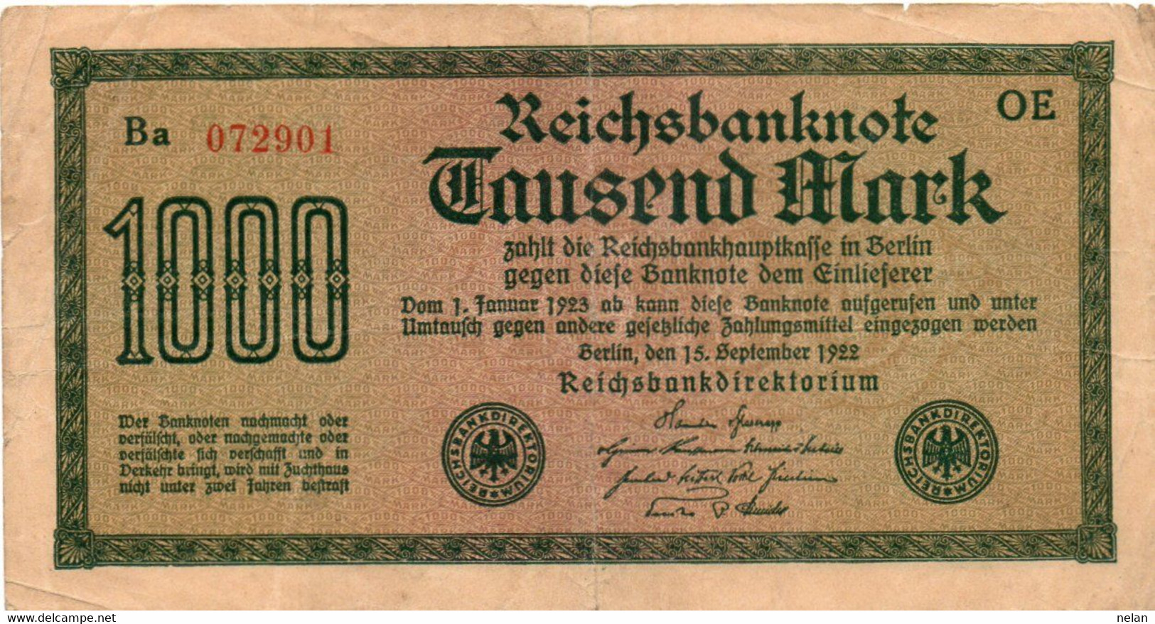 GERMANIA -1000 MARK 1922 - Wor:P-76b.1.2, Ros:R-75d - Filigrana: Dornen - 1000 Mark