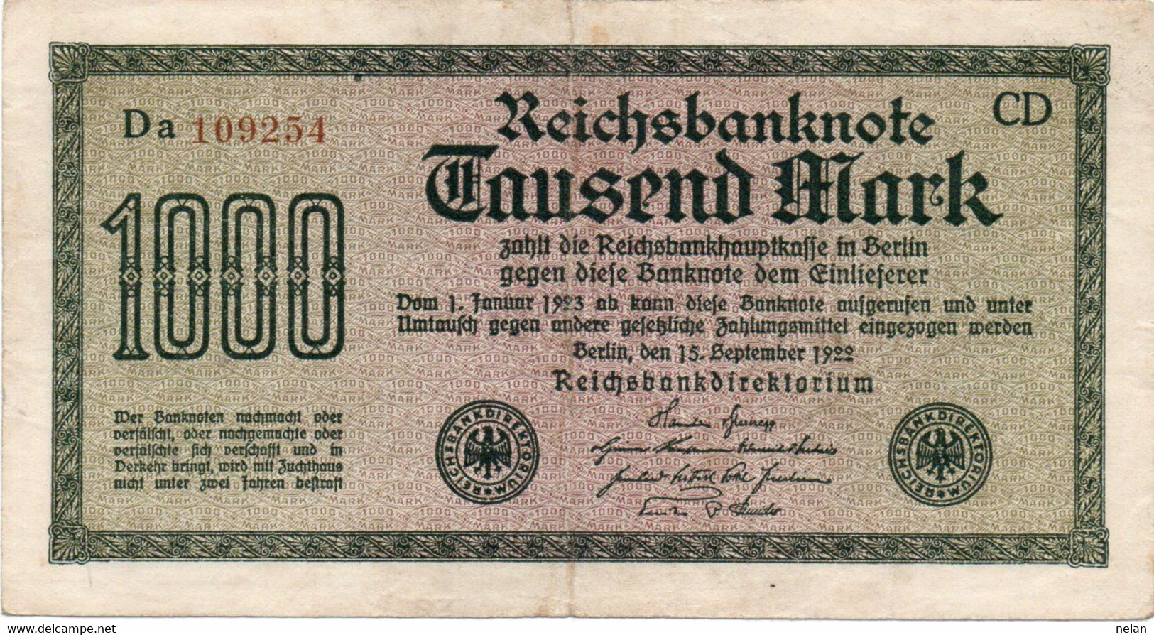 GERMANIA -1000 MARK 1922 - Wor:P-76c.3a, Ros:R-75i  - Filigrana: Maander - 1.000 Mark