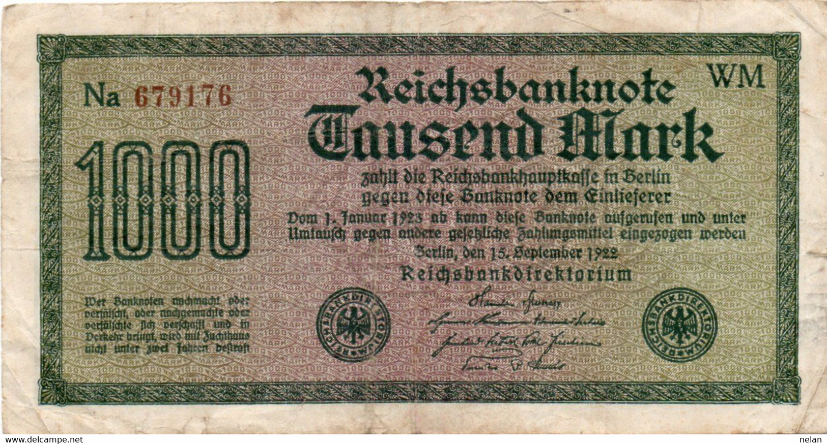 GERMANIA -1000 MARK 1922 - Wor:P-76c.3a, Ros:R-75i  - Filigrana: Maander - 1.000 Mark